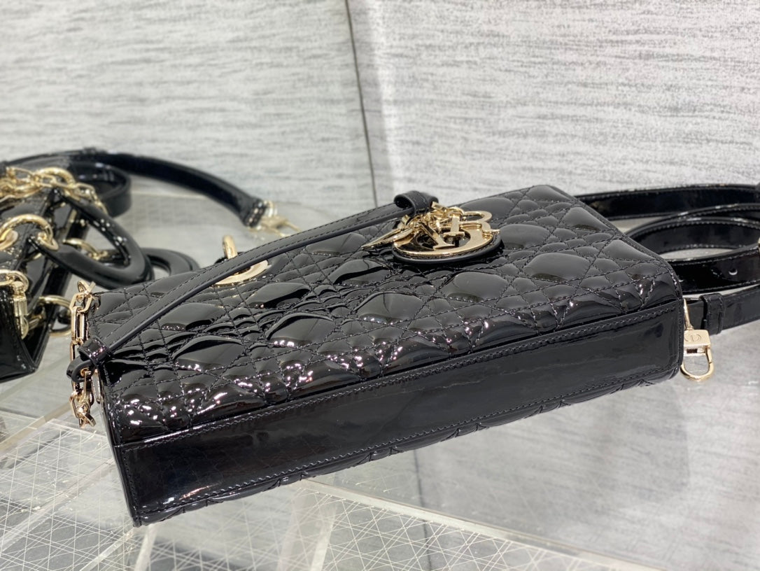 Dior Lady D-Joy Medium Patent Black Leather Bag - 26x6x14cm