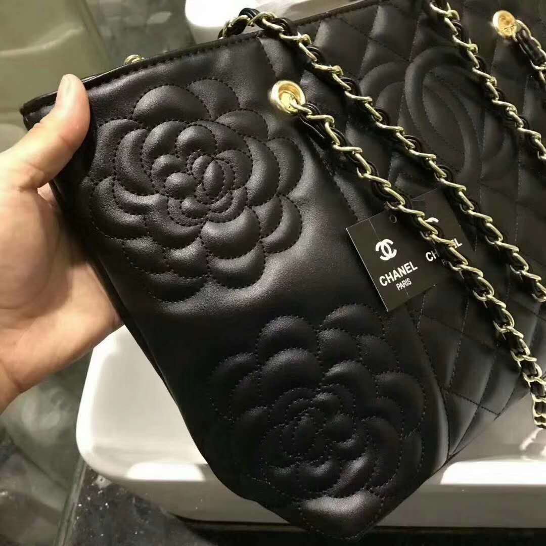 CHANEL Rosaire « Florence » Sheepskin Leather Tote Bag With Camellia Pattern Black  W35 x H26 x D12 CM